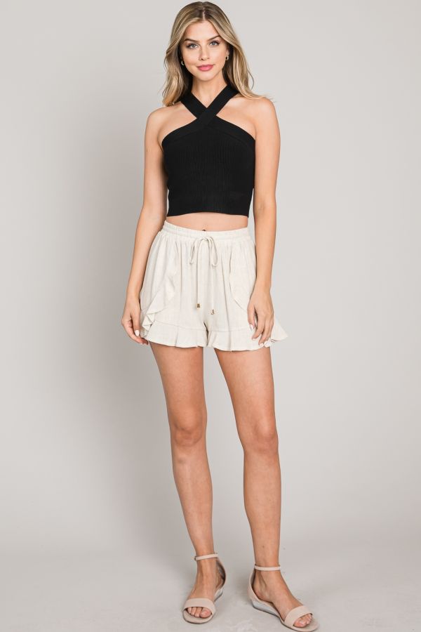 Knit Twist Halter Top Black. Full view.