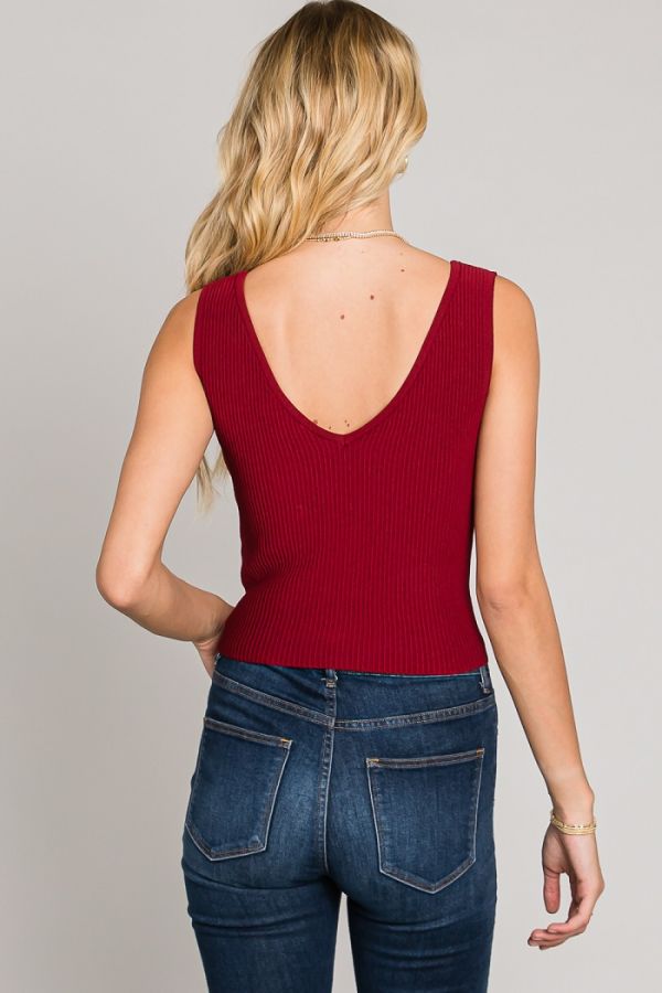 "Caroline" Ribbed V-Neck Tank - Wine