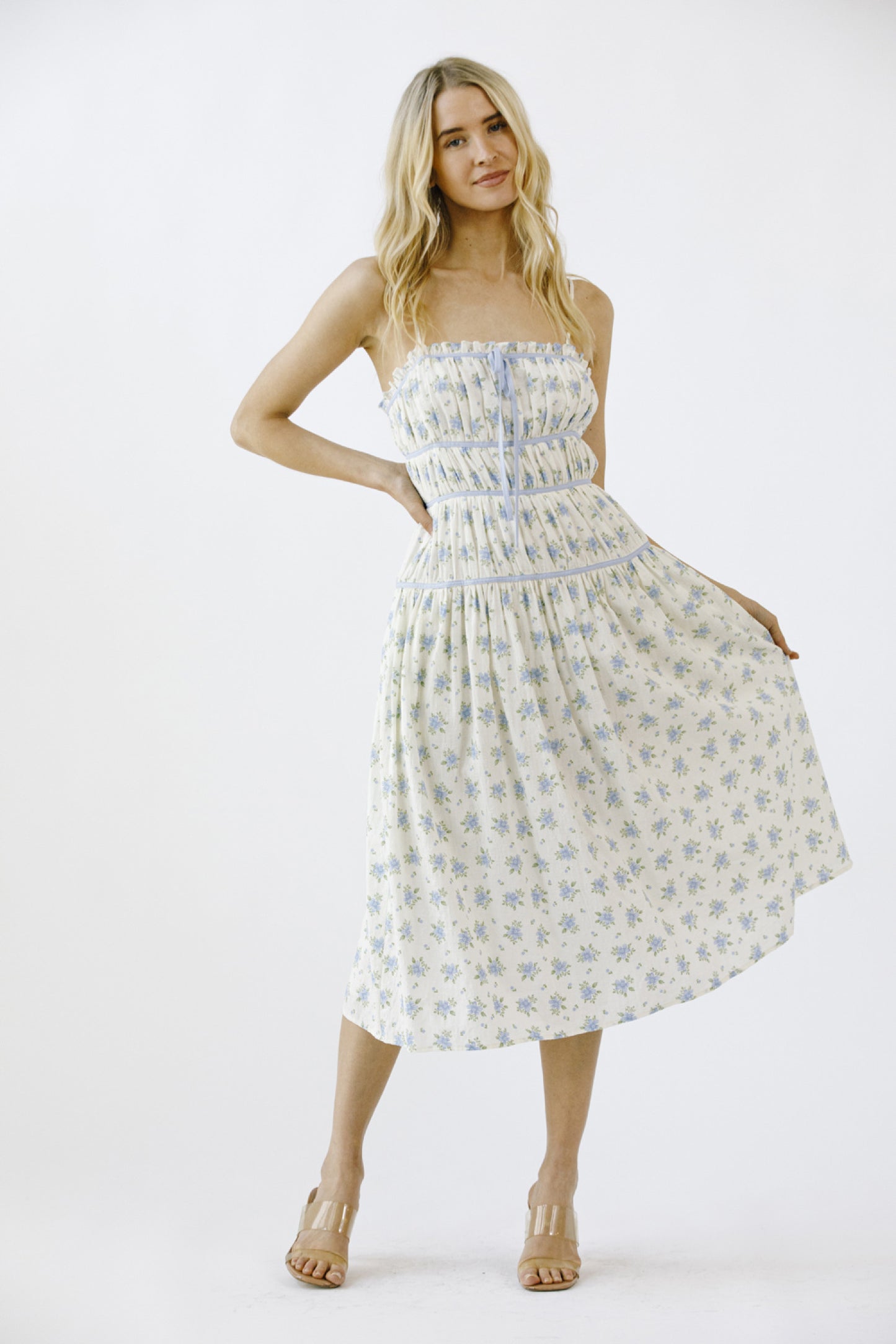 "Habersham" Midi Floral Dress - Blue & Ivory
