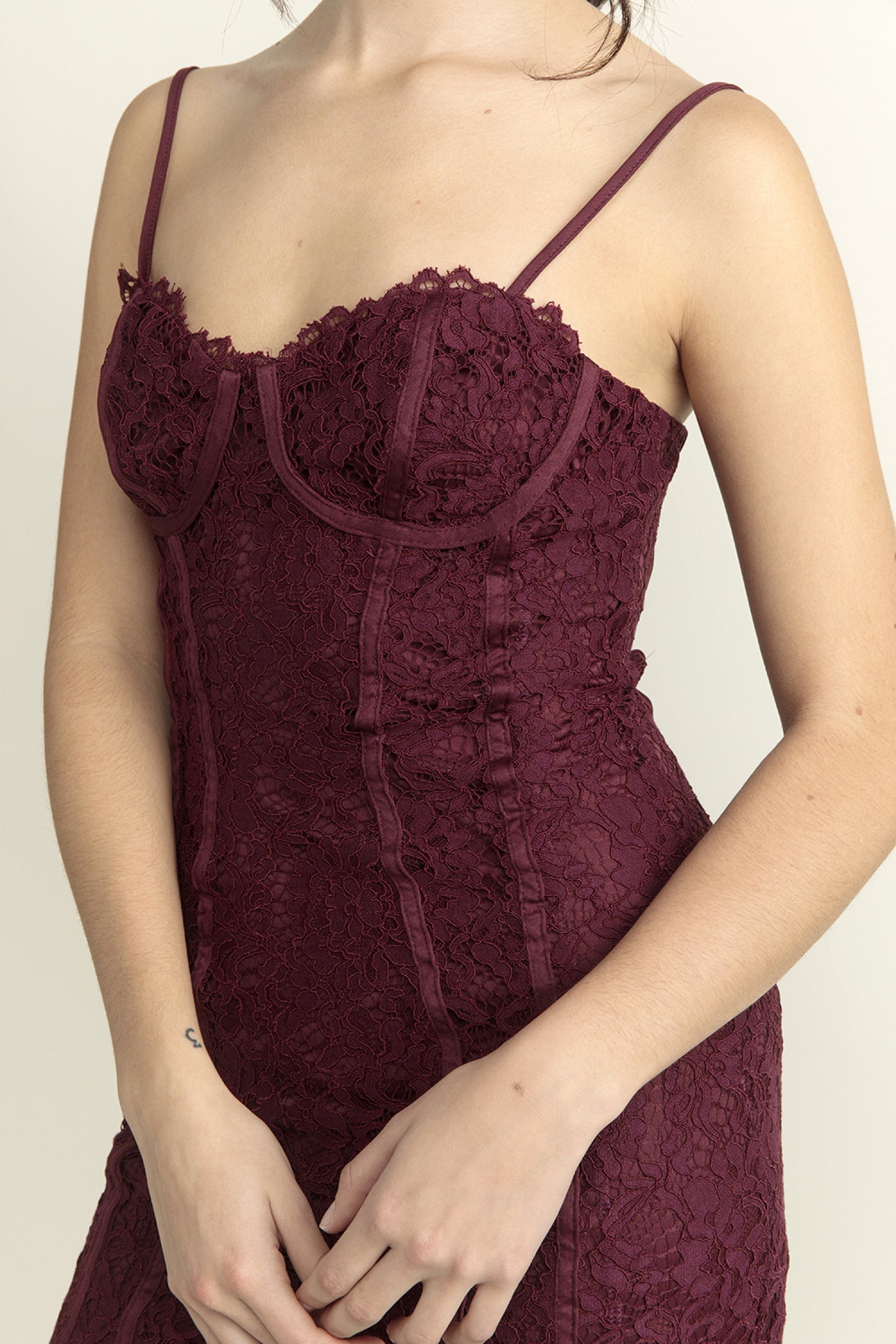 Lace Bustier Mini Dress - Burgundy - Close view