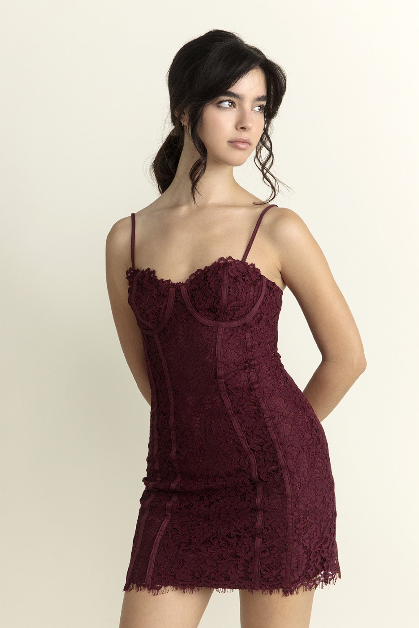 Lace Bustier Mini Dress - Burgundy - Front view