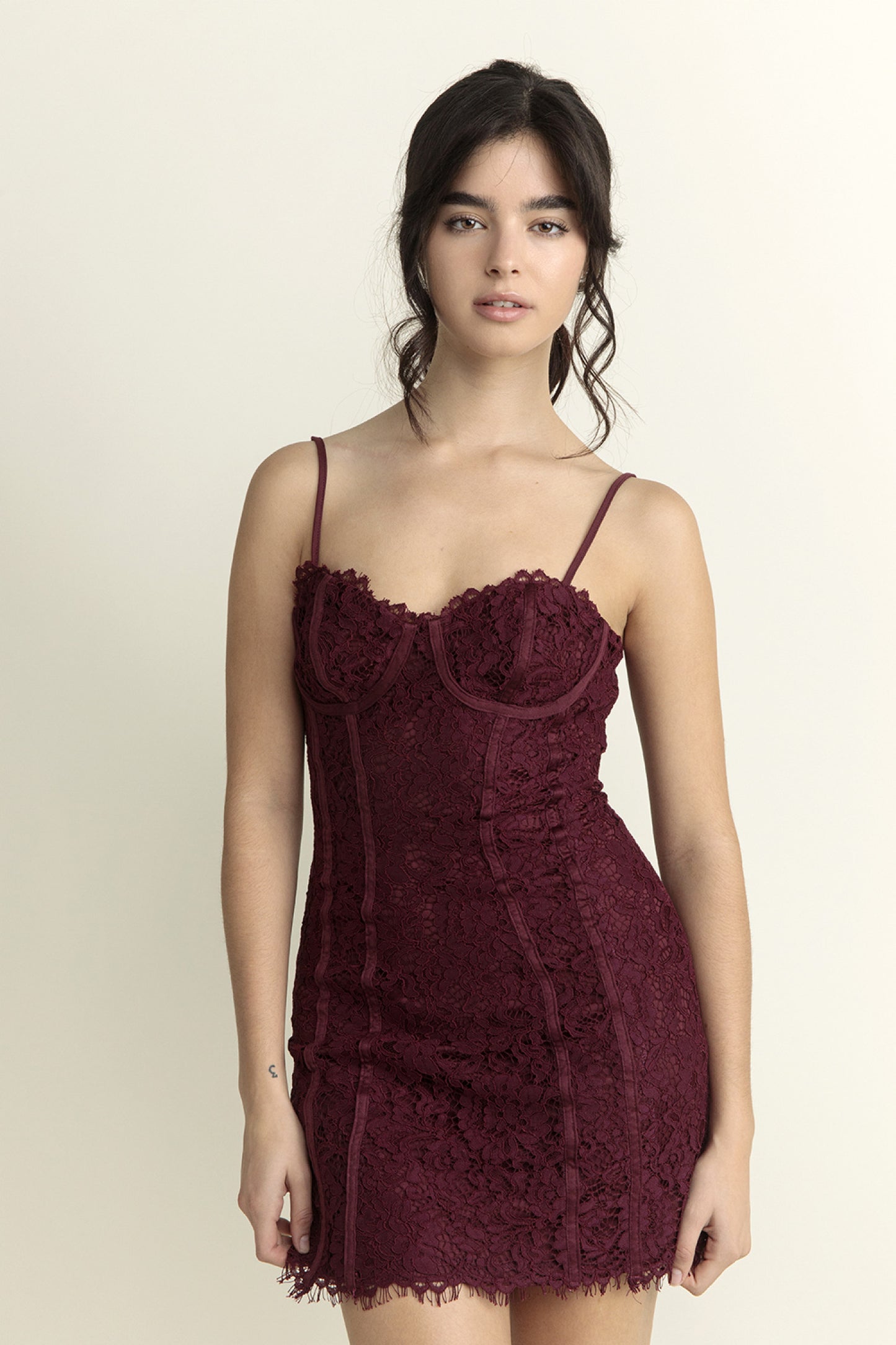 Lace Bustier Mini Dress - Burgundy - Front Close view