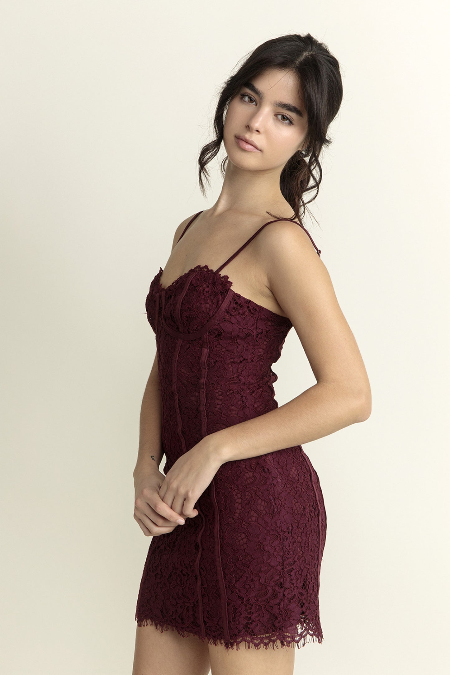 Lace Bustier Mini Dress - Burgundy - Side Close view