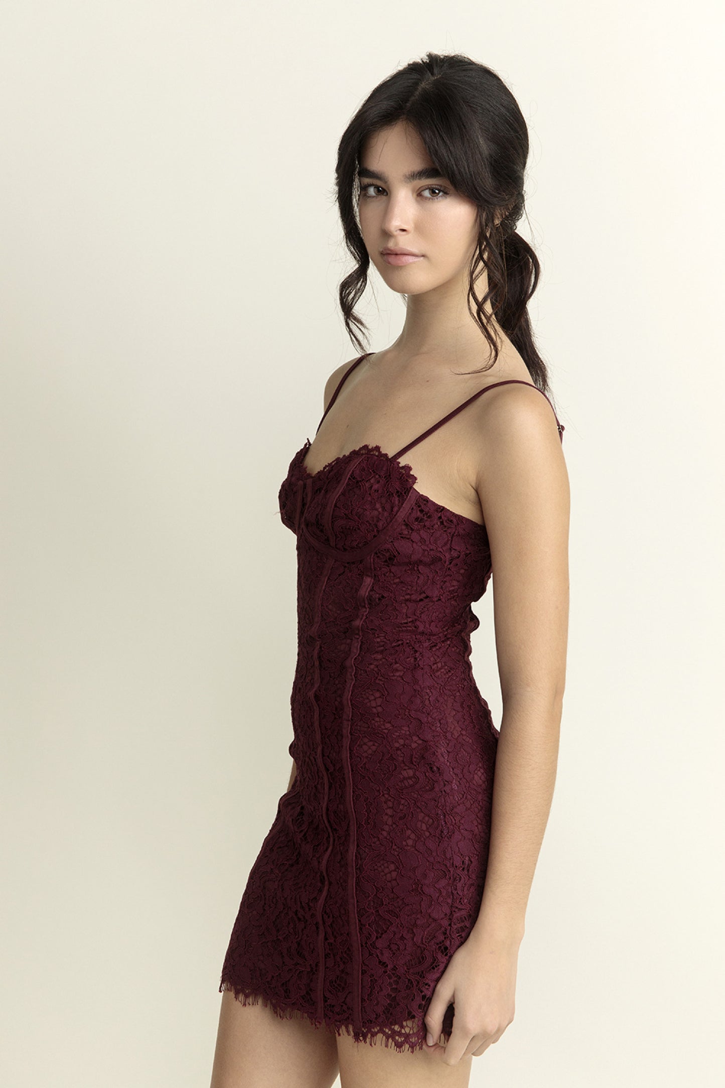 Lace Bustier Mini Dress - Burgundy - Side view
