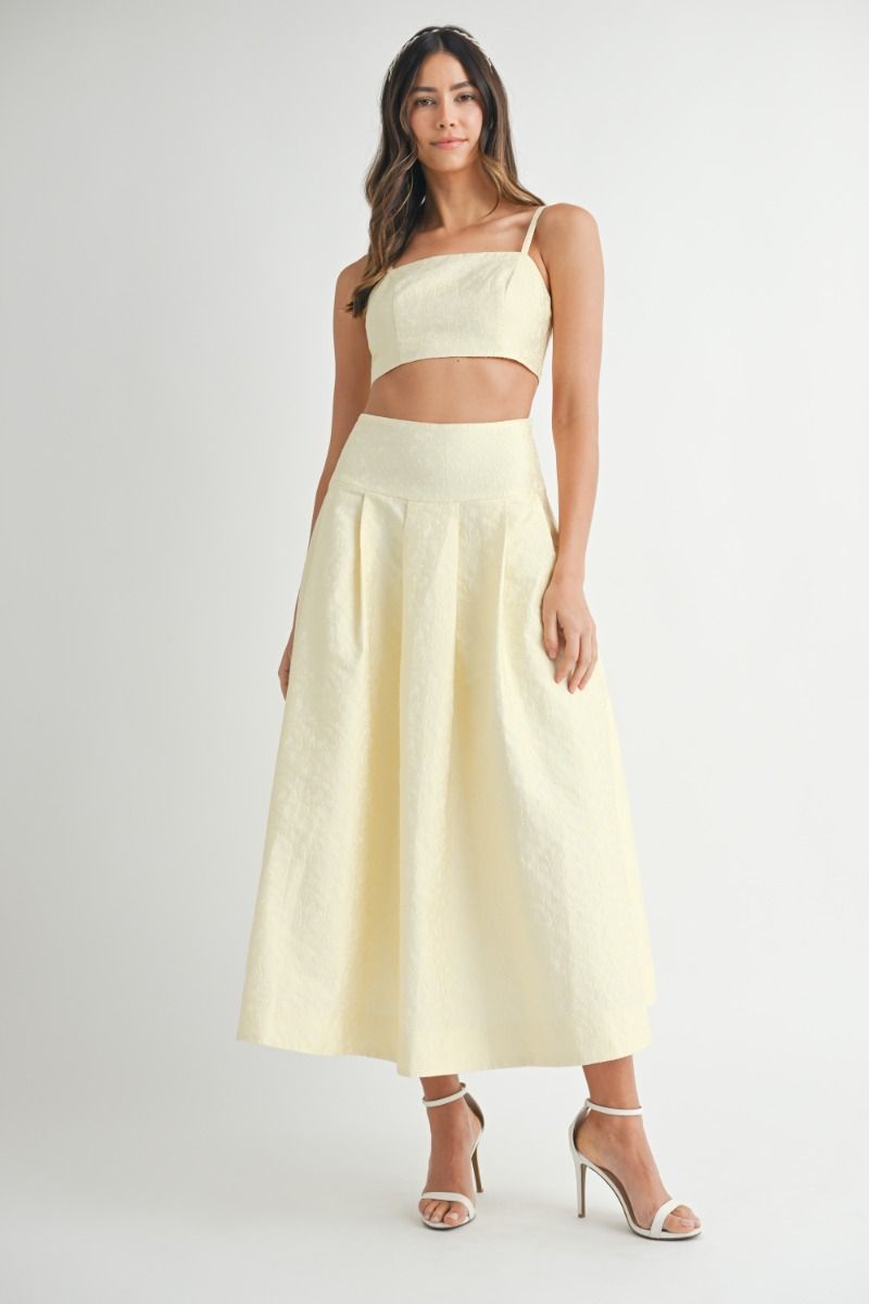 Lace Top & Midi Skirt Set - Yellow. Front full view.