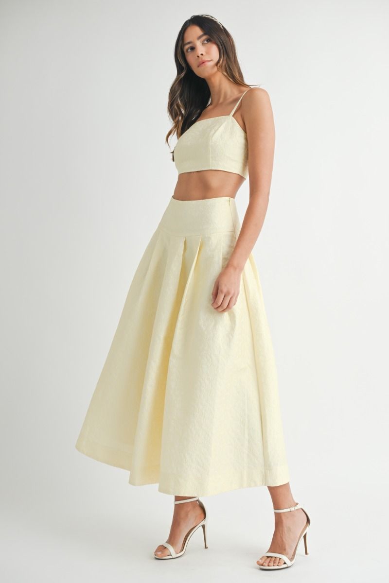 Lace Top & Midi Skirt Set - Yellow. Front full view.