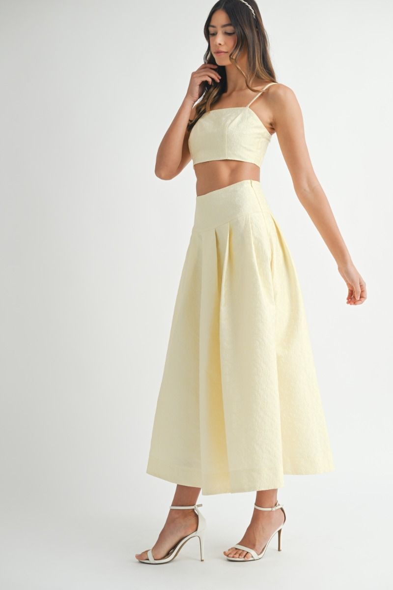Lace Top & Midi Skirt Set - Yellow. Front full view.