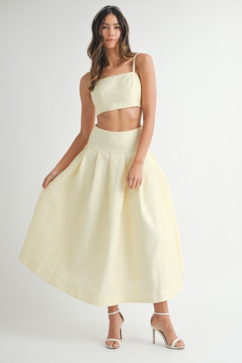 Lace Top & Midi Skirt Set - Yellow. Front full view.