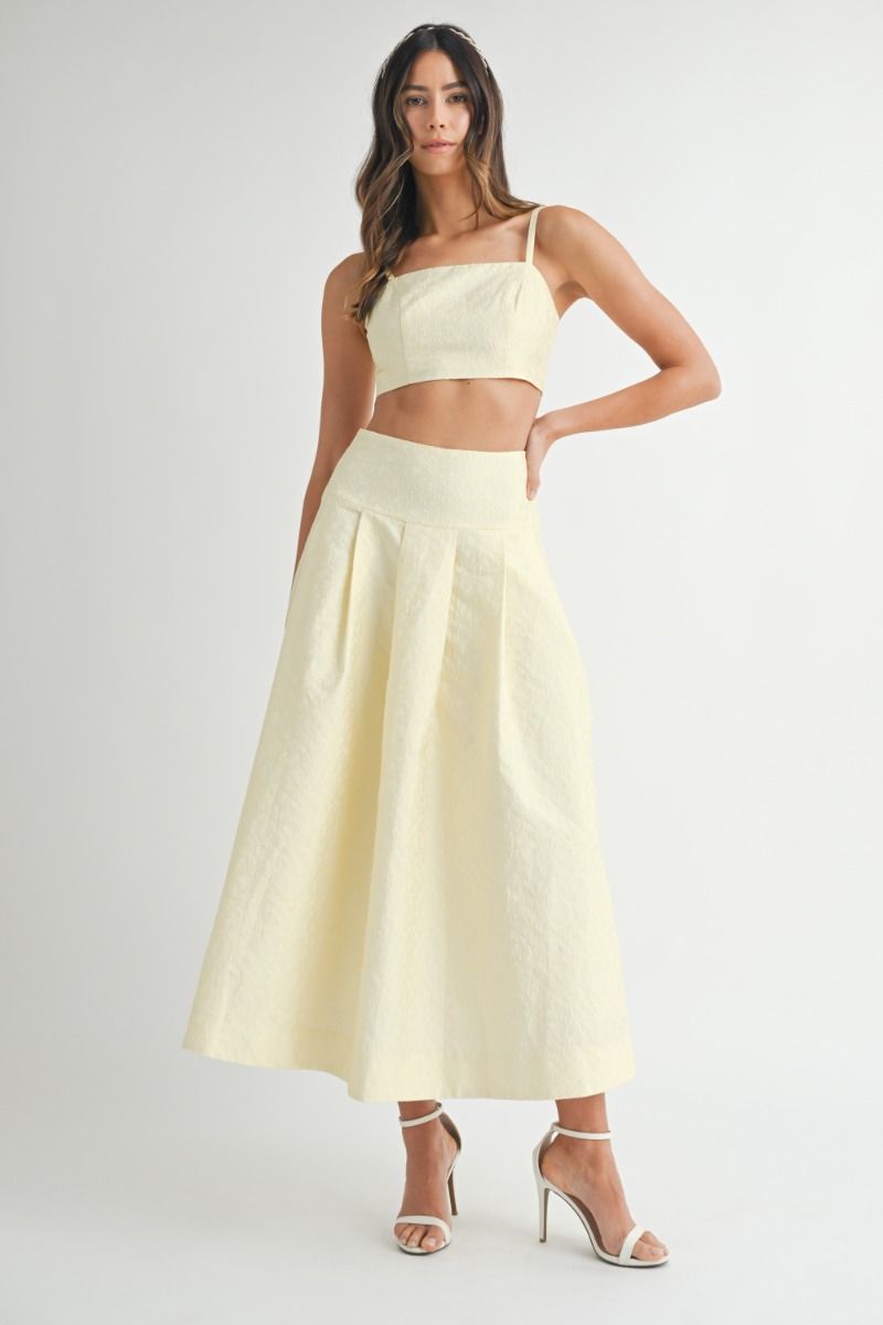 Lace Top & Midi Skirt Set - Yellow. Front full view.