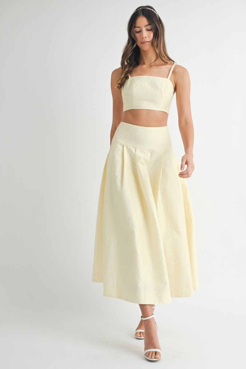 Lace Top & Midi Skirt Set - Yellow. Front full view.