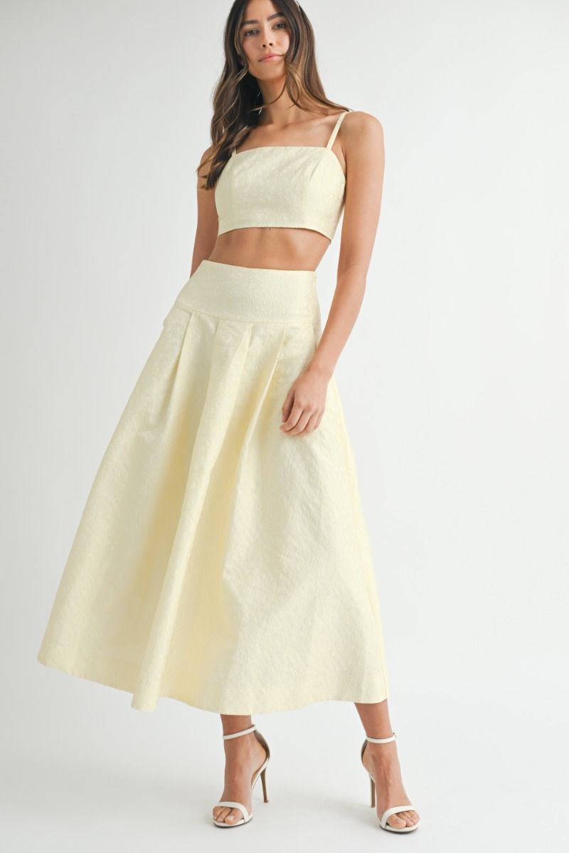 Lace Top & Midi Skirt Set - Yellow. Front full view.