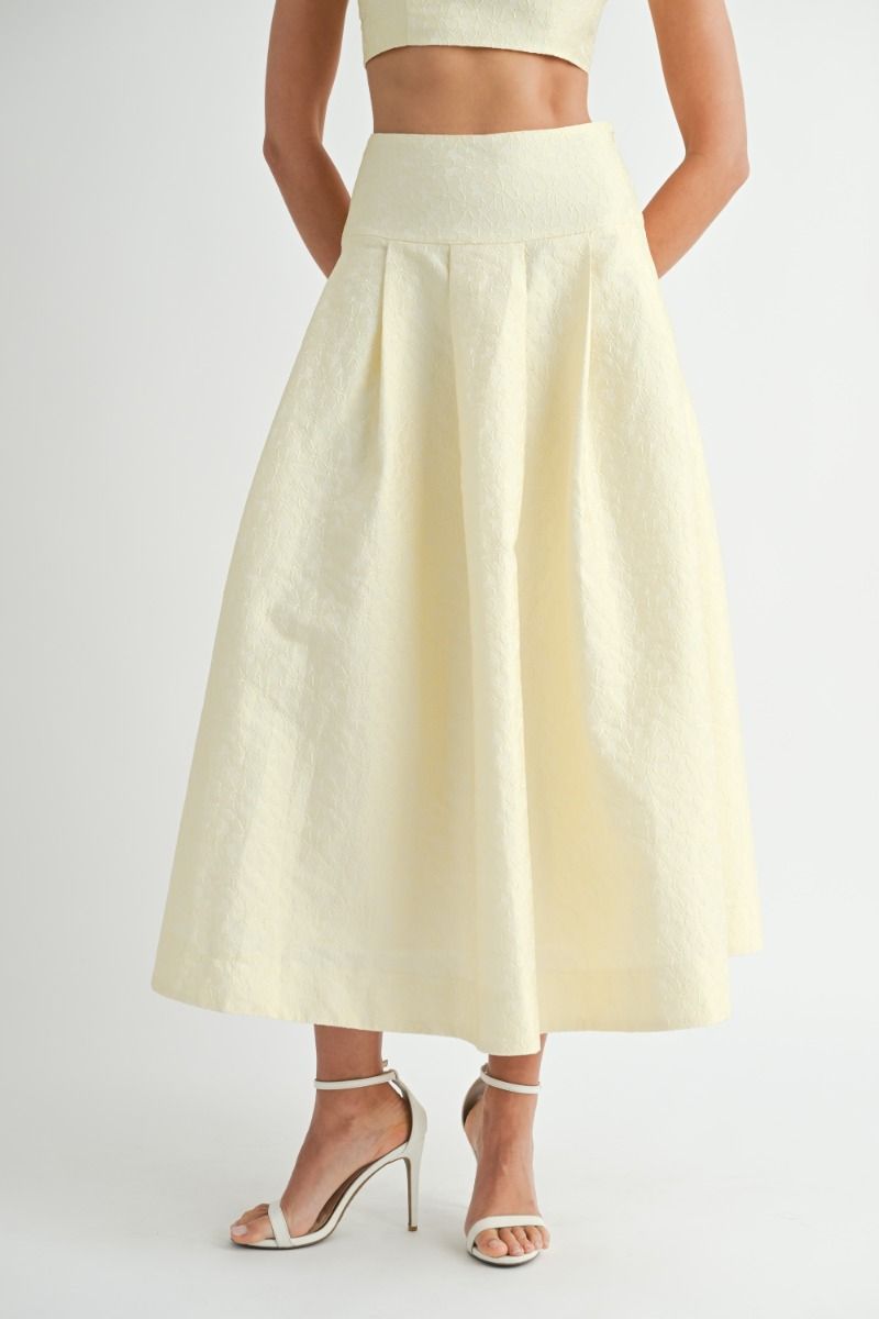 Lace Top & Midi Skirt Set - Yellow. Skirt close view.