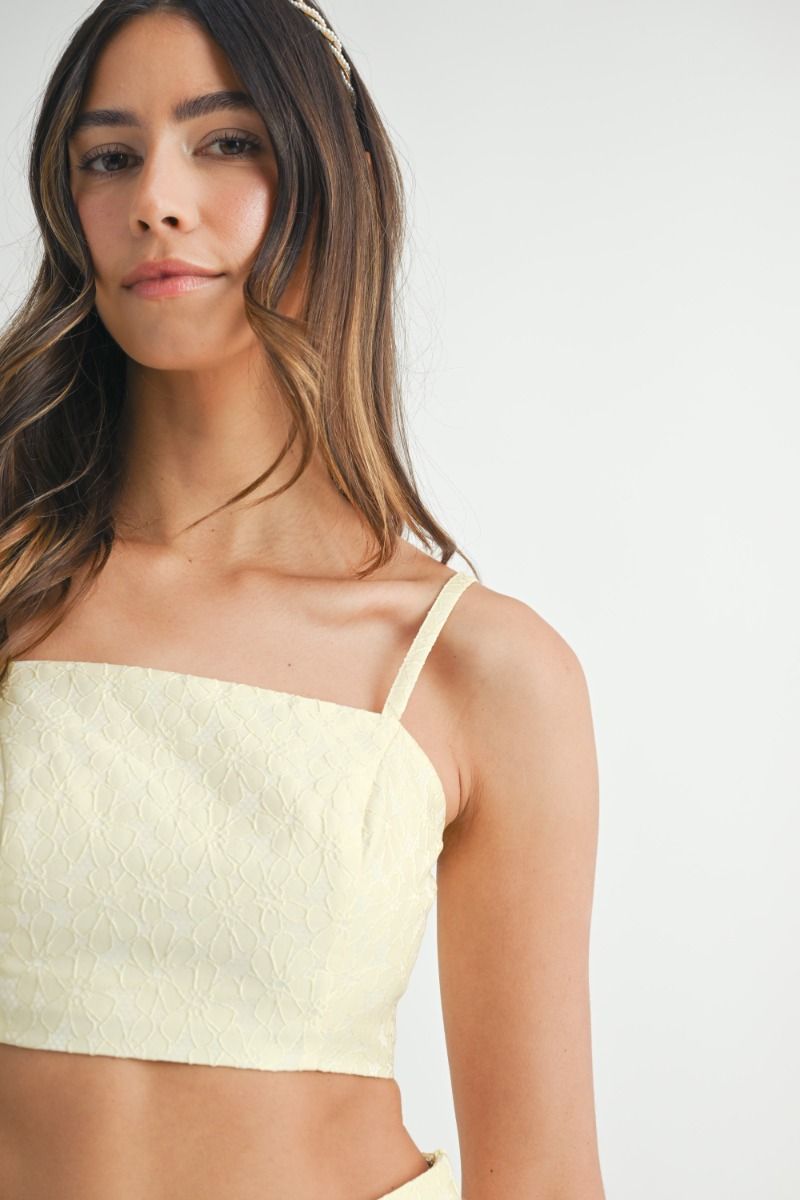 Lace Top & Midi Skirt Set - Yellow. Top close view.