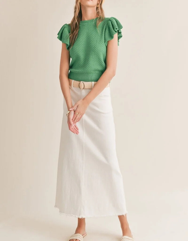 Crochet knit top featuring ruffle sleeves. Green. Front full view.