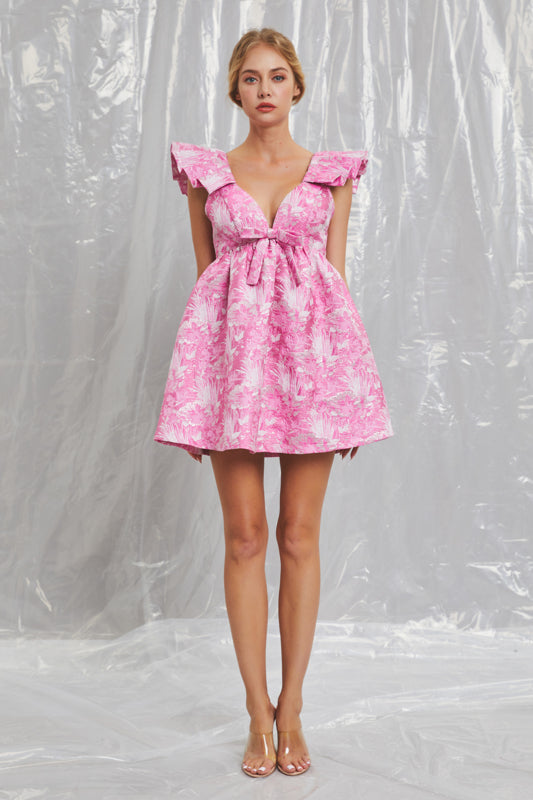 Metallic Baby Doll Mini Dress - Pink.  Full front view.