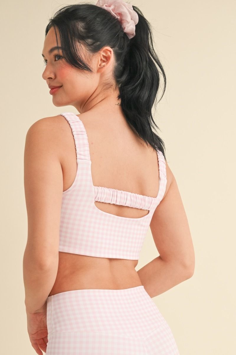Aligned Performance High-Rise Leggings &amp; Ruched Bra Top - Pink gingham -top back view.