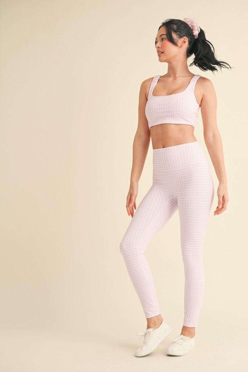 Aligned Performance High-Rise Leggings &amp; Ruched Bra Top - Pink gingham -side Full view.