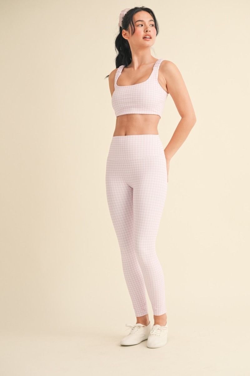 Aligned Performance High-Rise Leggings &amp; Ruched Bra Top - Pink gingham -Front side view.