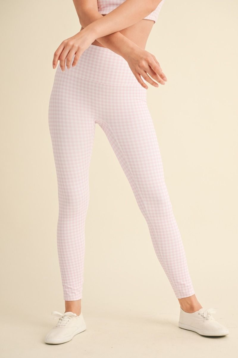 Aligned Performance High-Rise Leggings &amp; Ruched Bra Top - Pink gingham -leggings Front view.