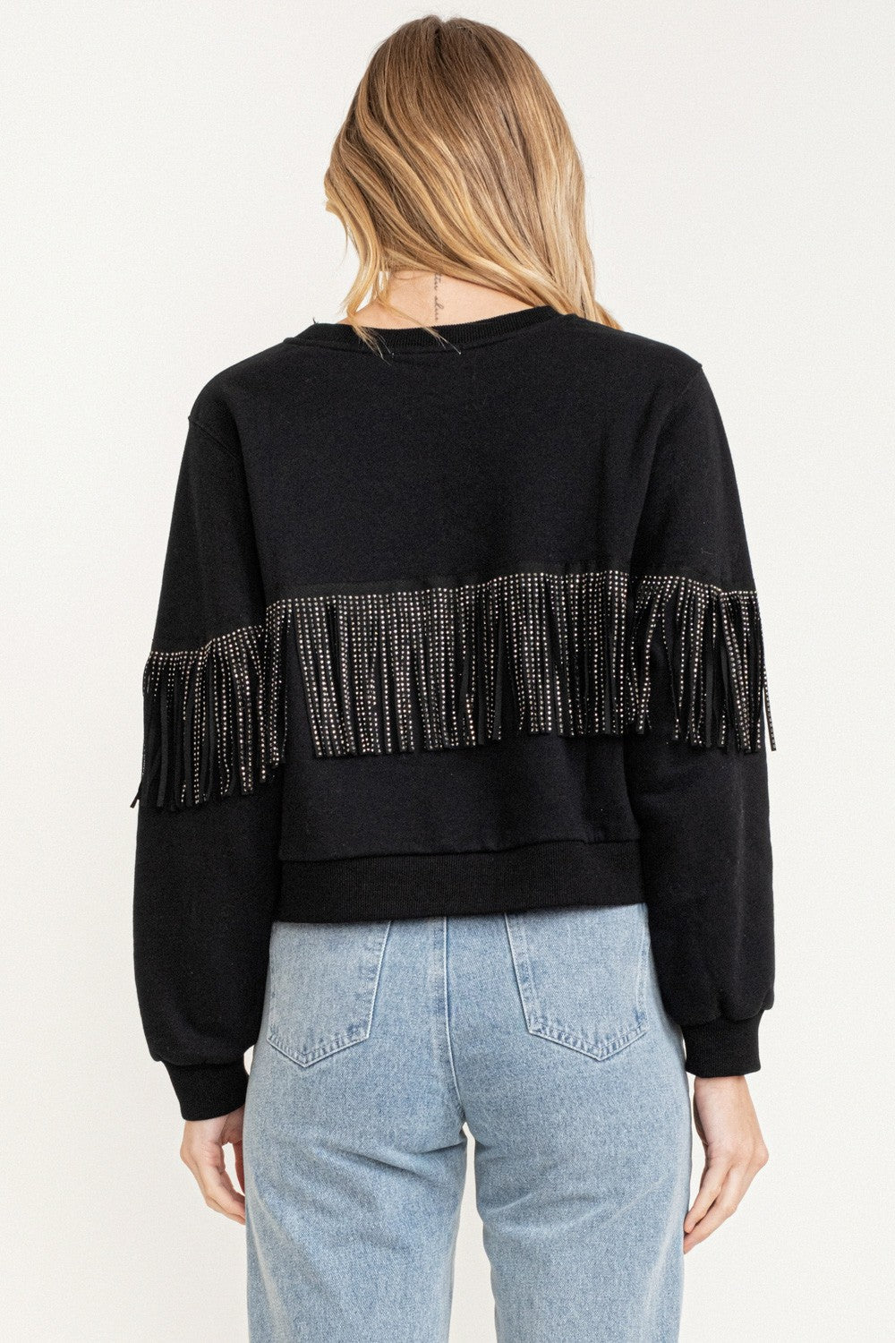 Embellished Fringe Long Sleeve Sweater Black.  Back view.