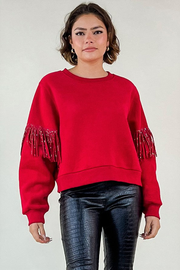 Embellished Fringe Long Sleeve Sweater Red.  Front view.