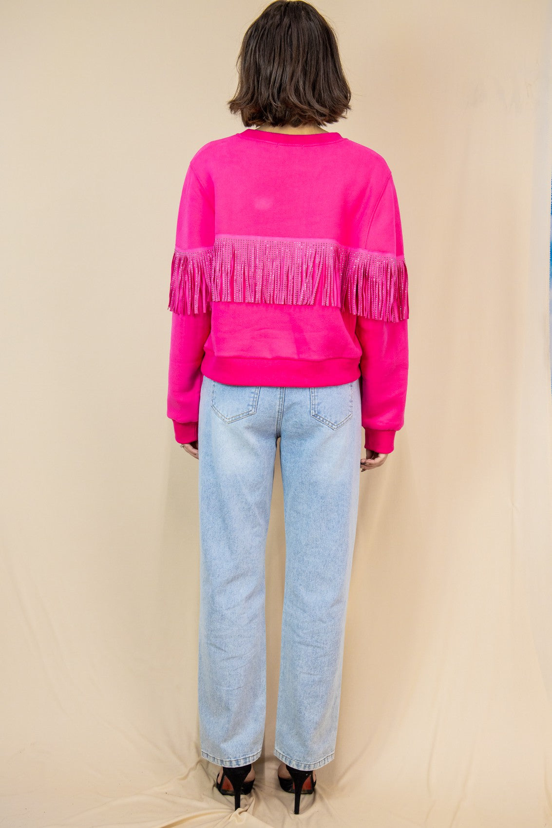 Embellished Fringe Long Sleeve Sweater Hot Pink.  Back view.