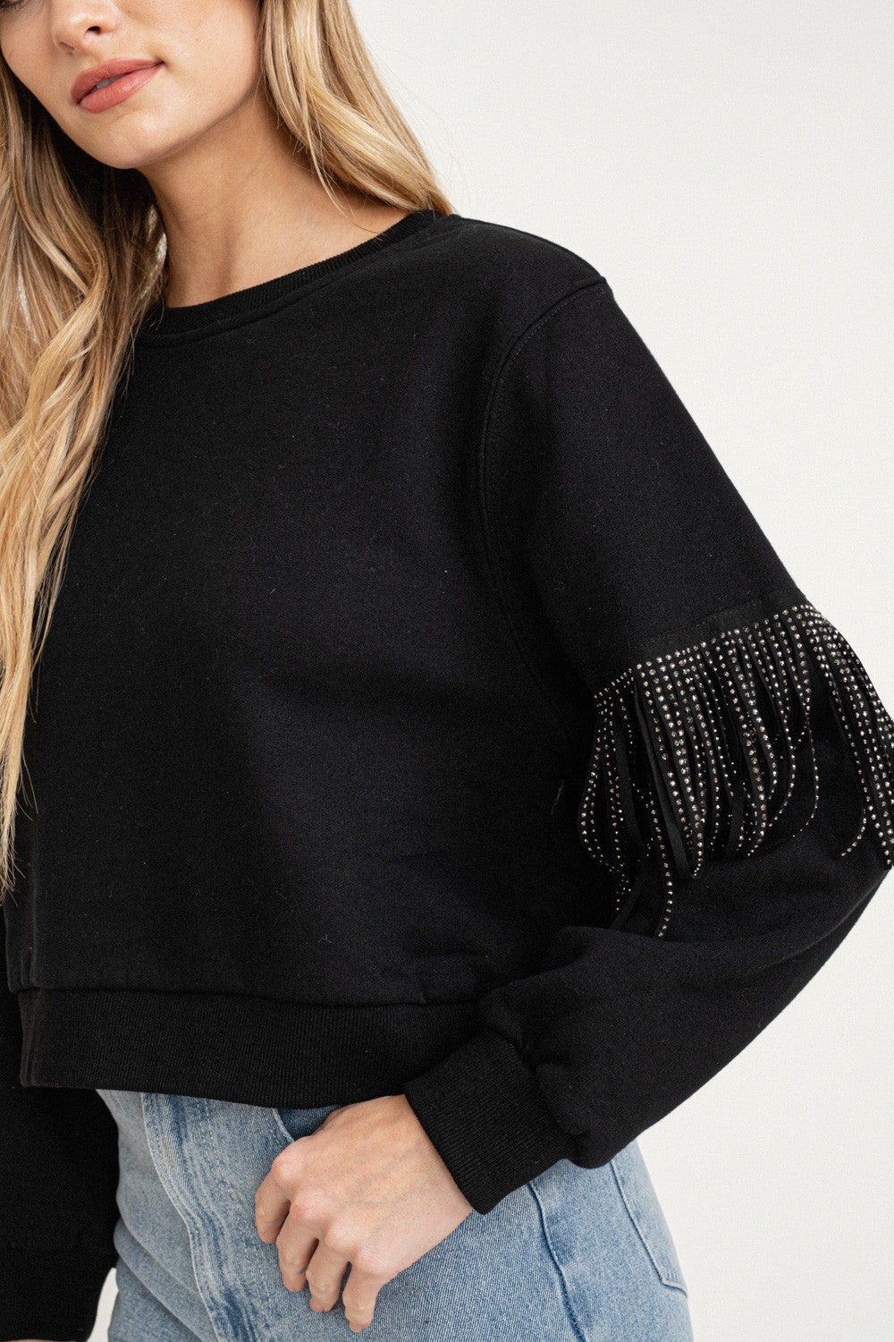 Embellished Fringe Long Sleeve Sweater Black.  Front close view.