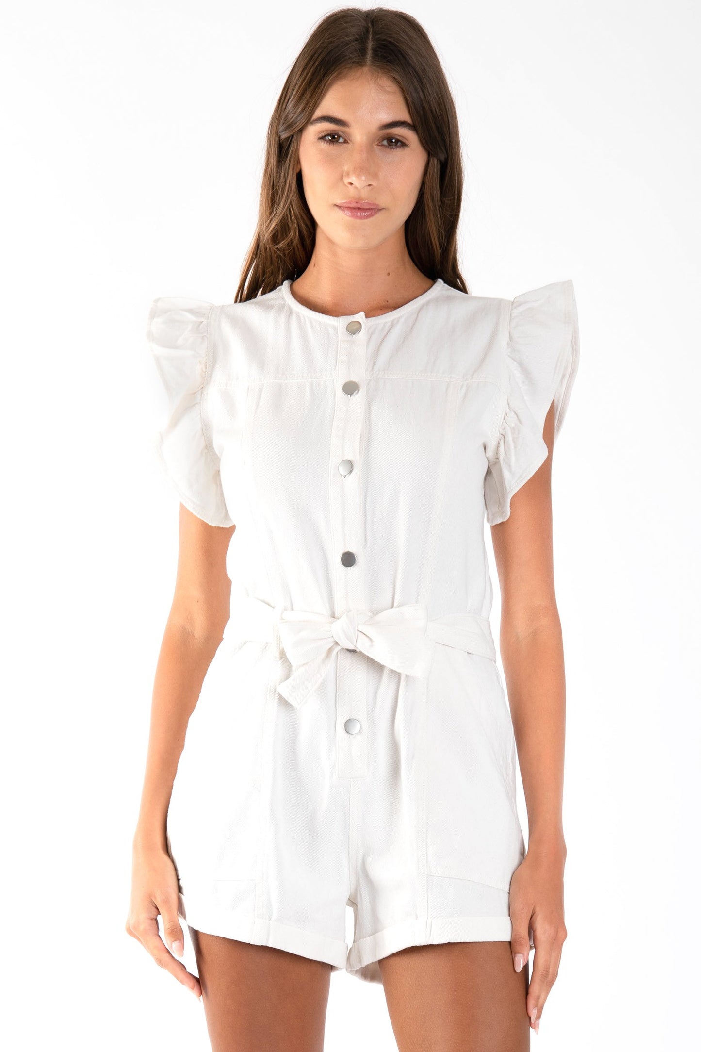 Ruffle Sleeve Denim Romper Off White.  Front view.