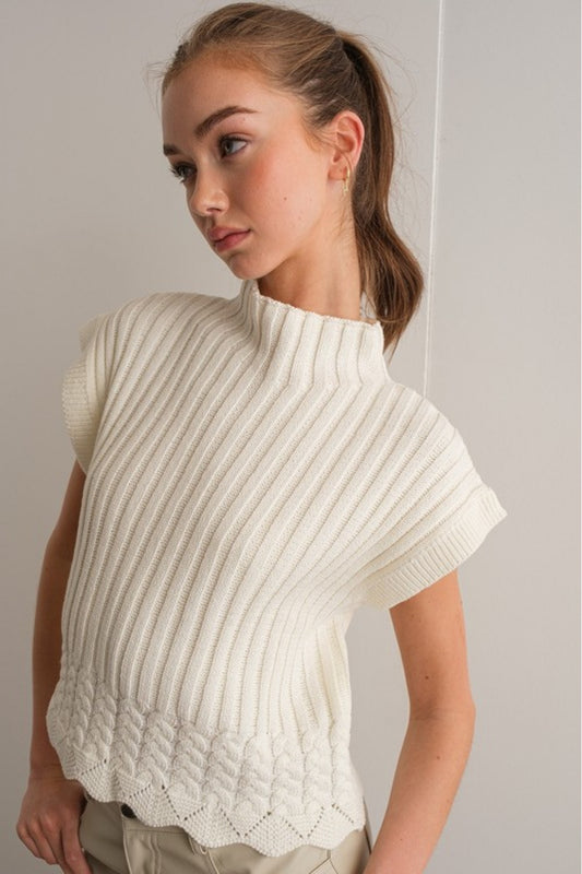 Mock Turtleneck Sweater Vest - Ivory.  Front view.