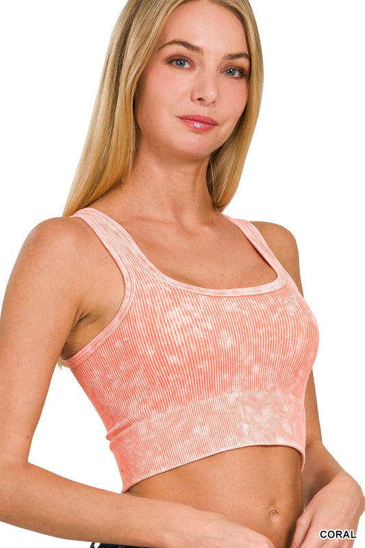  Front view of Washed Ribbed Cropped Tank - Coral