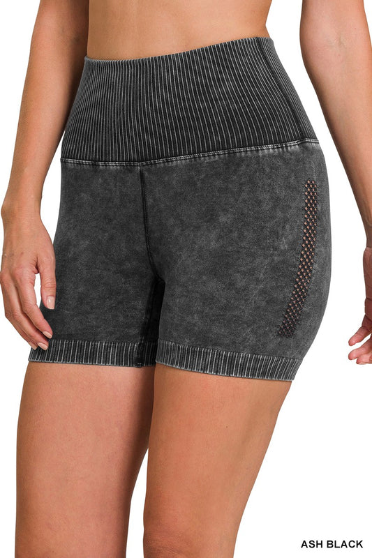 Front view of Super stretchy washed seamless high waisted athletic biker shorts in ash black.