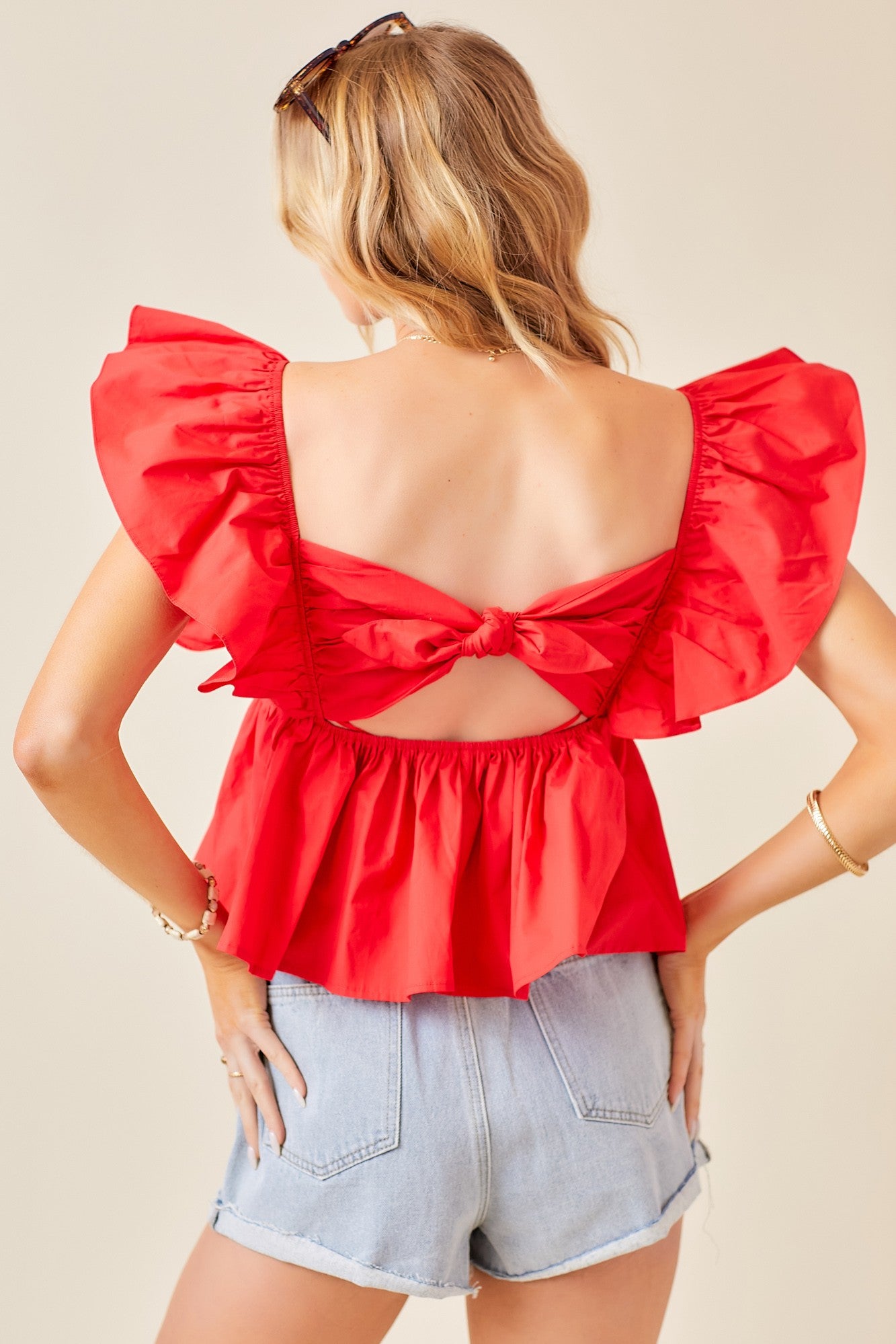 Tie Back Ruffle Sleeve Top Red.  Back view.