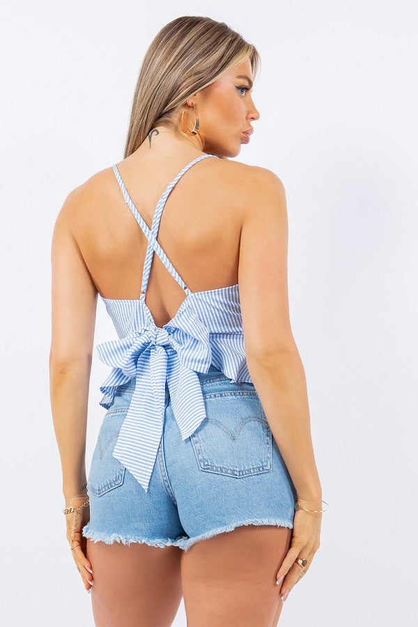 Striped Strappy Top - Blue & White.  Back view.
