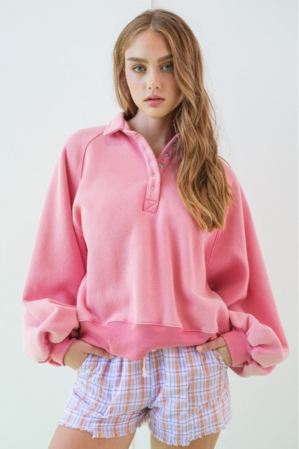 Collared Snap Button Sweatshirt with balloon sleeves- Pink