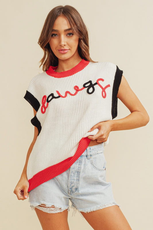 'DAWGS" EMBROIDERED COLORBLOCK SLEEVELESS SWEATER TOP - front view