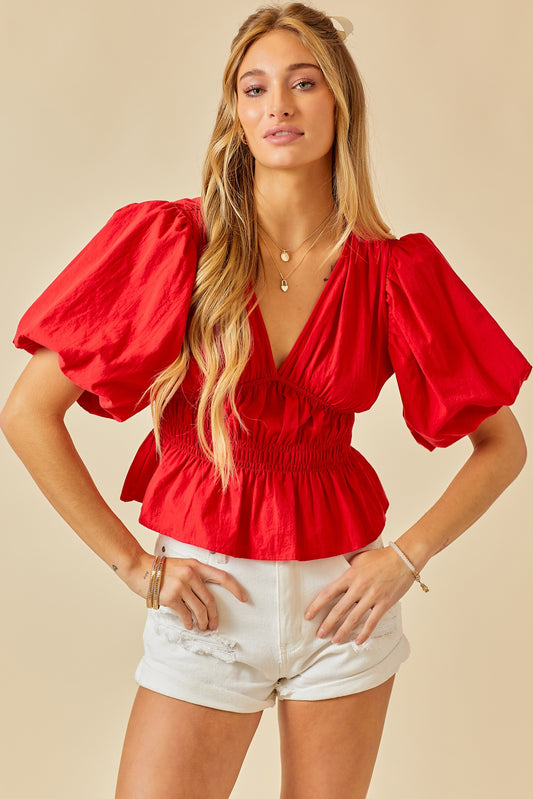 "Meridian" V-Neck Ruched Bubble Sleeve Top Red