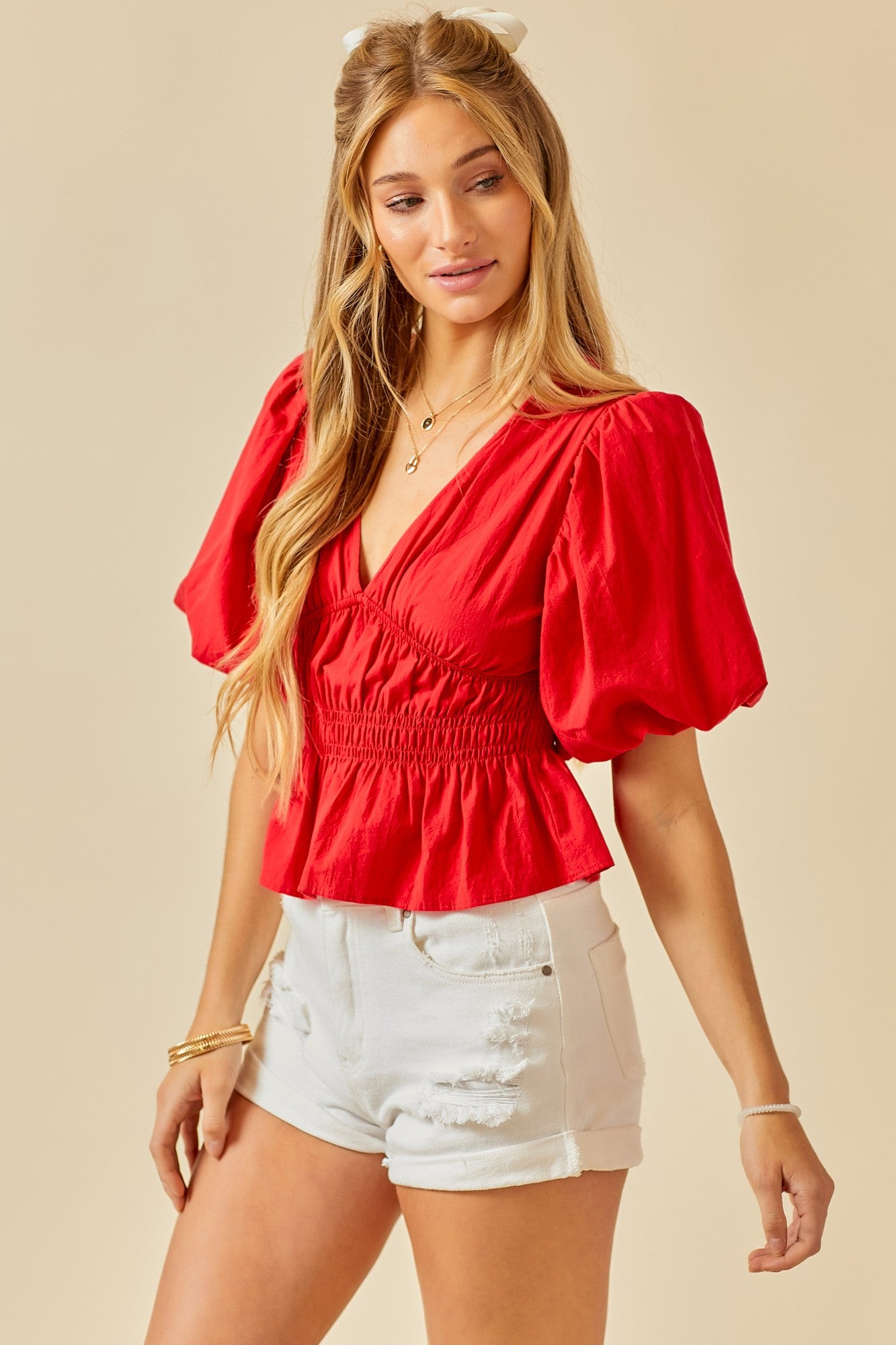 "Meridian" V-Neck Ruched Bubble Sleeve Top Red