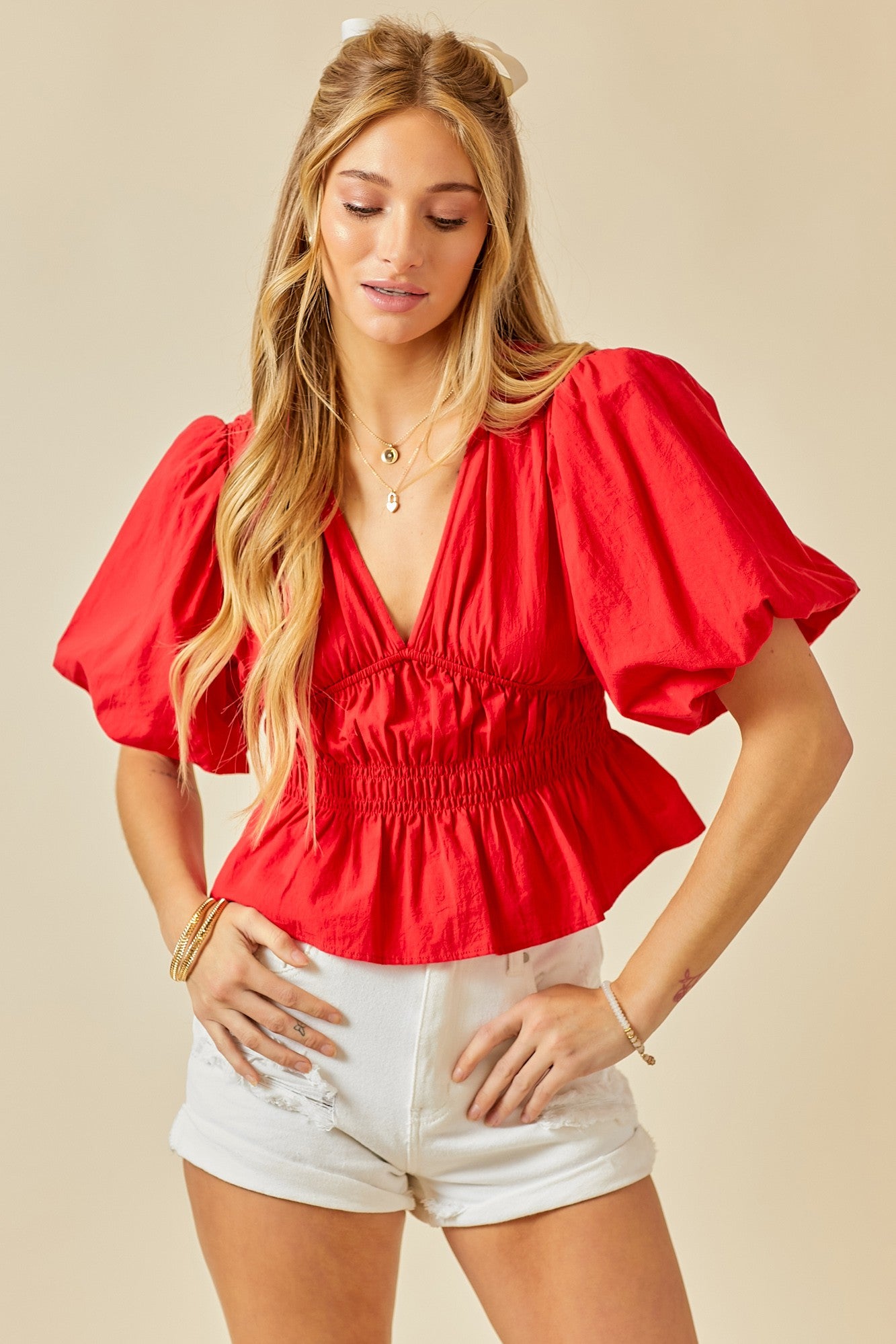 "Meridian" V-Neck Ruched Bubble Sleeve Top Red