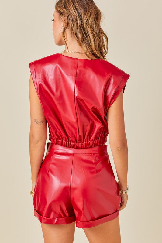  V Neck Faux Leather Top Red.  Back view.