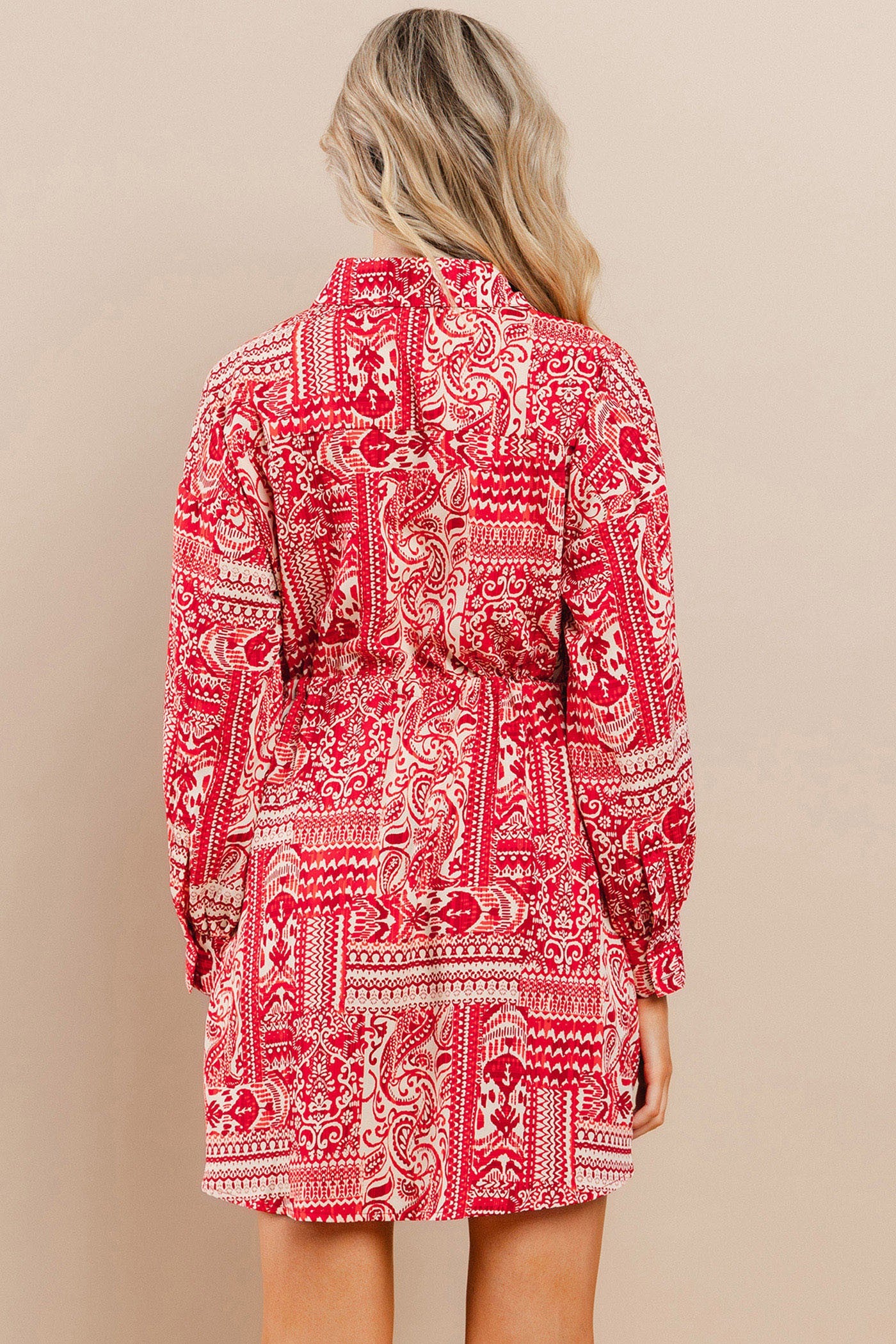 Printed Long Sleeve Button Down Dress - Red.  Back view.