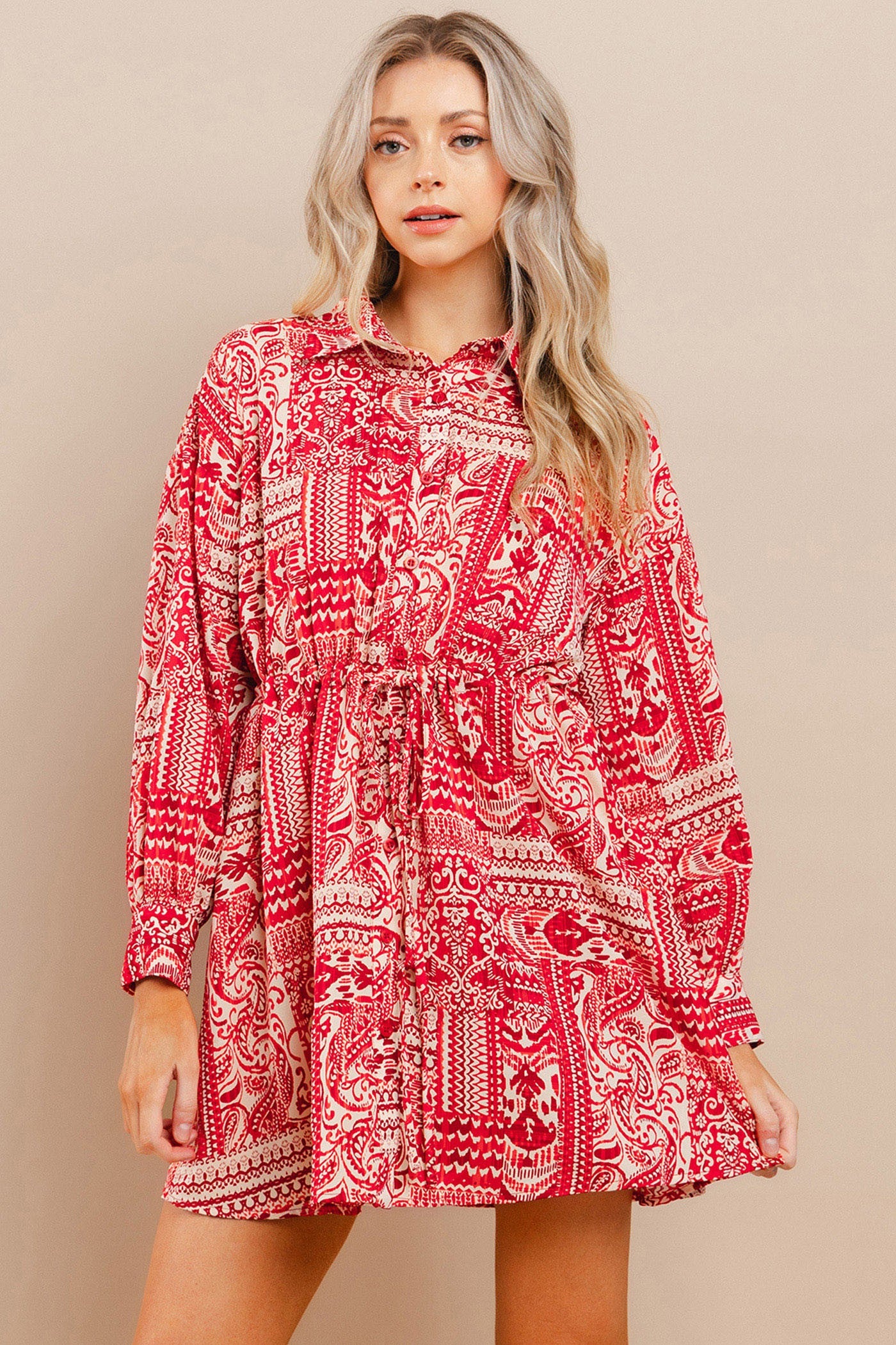 Printed Long Sleeve Button Down Dress - Red.  Front view.
