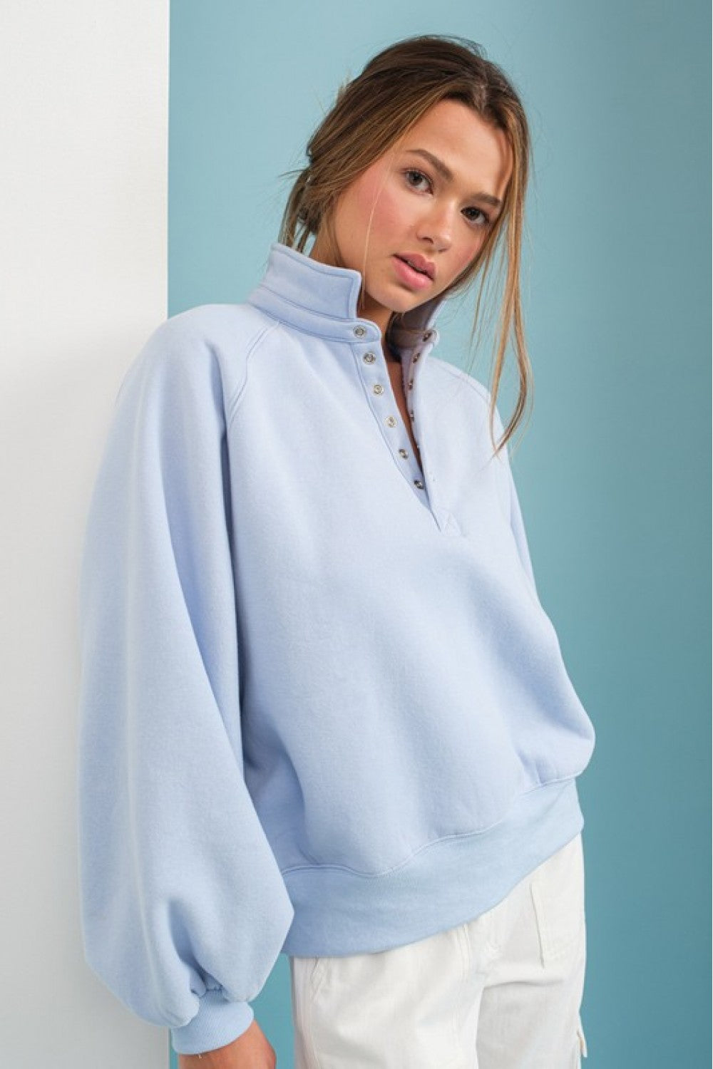 Collared Snap Button Sweatshirt - Sky Blue.  Front view