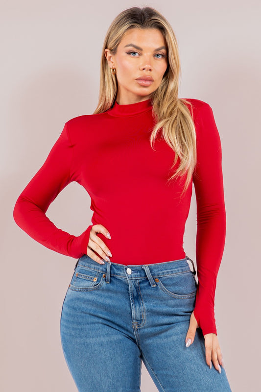 Long Sleeve Open Back Mock Neck Bodysuit - Red.  Front view.