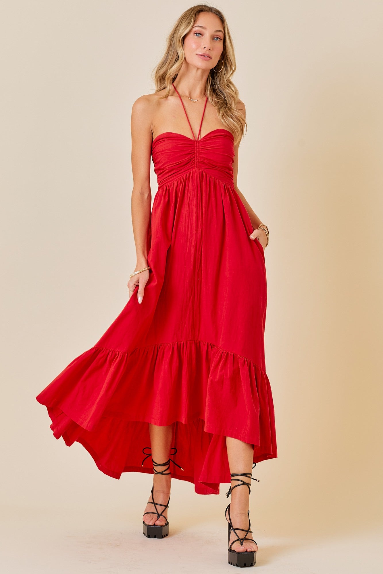 Ruched Halter Midi Dress with ruffle hem - Red.  Front view.