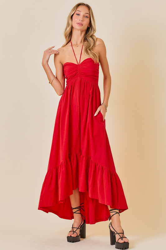 Ruched Halter Midi Dress with ruffle hem - Red.  Front view.