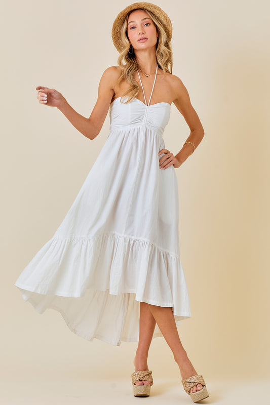 Ruched Halter Midi Dress with ruffle hem.  White.  Front view.