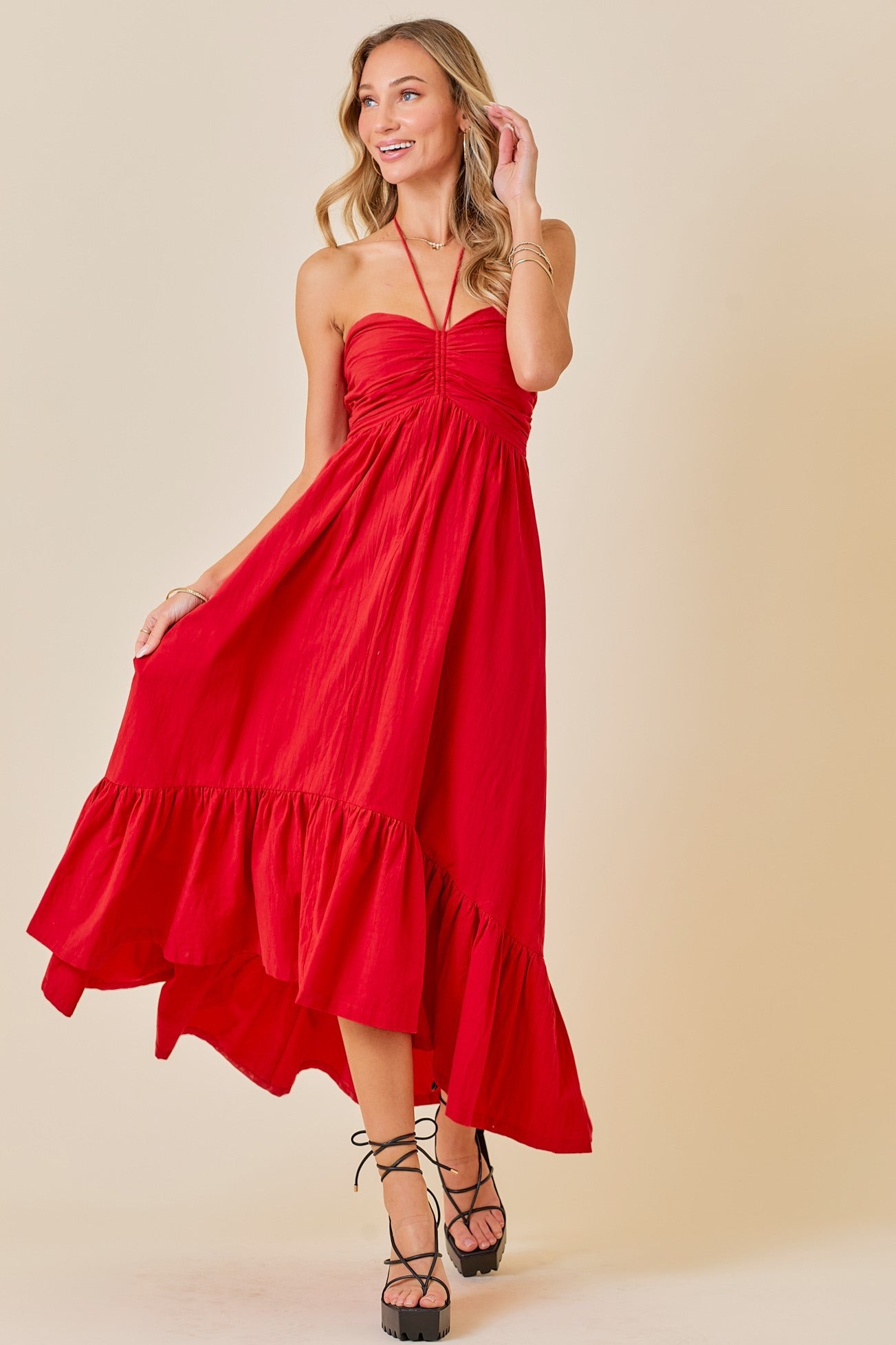 Ruched Halter Midi Dress with ruffle hem - Red.  Front view.