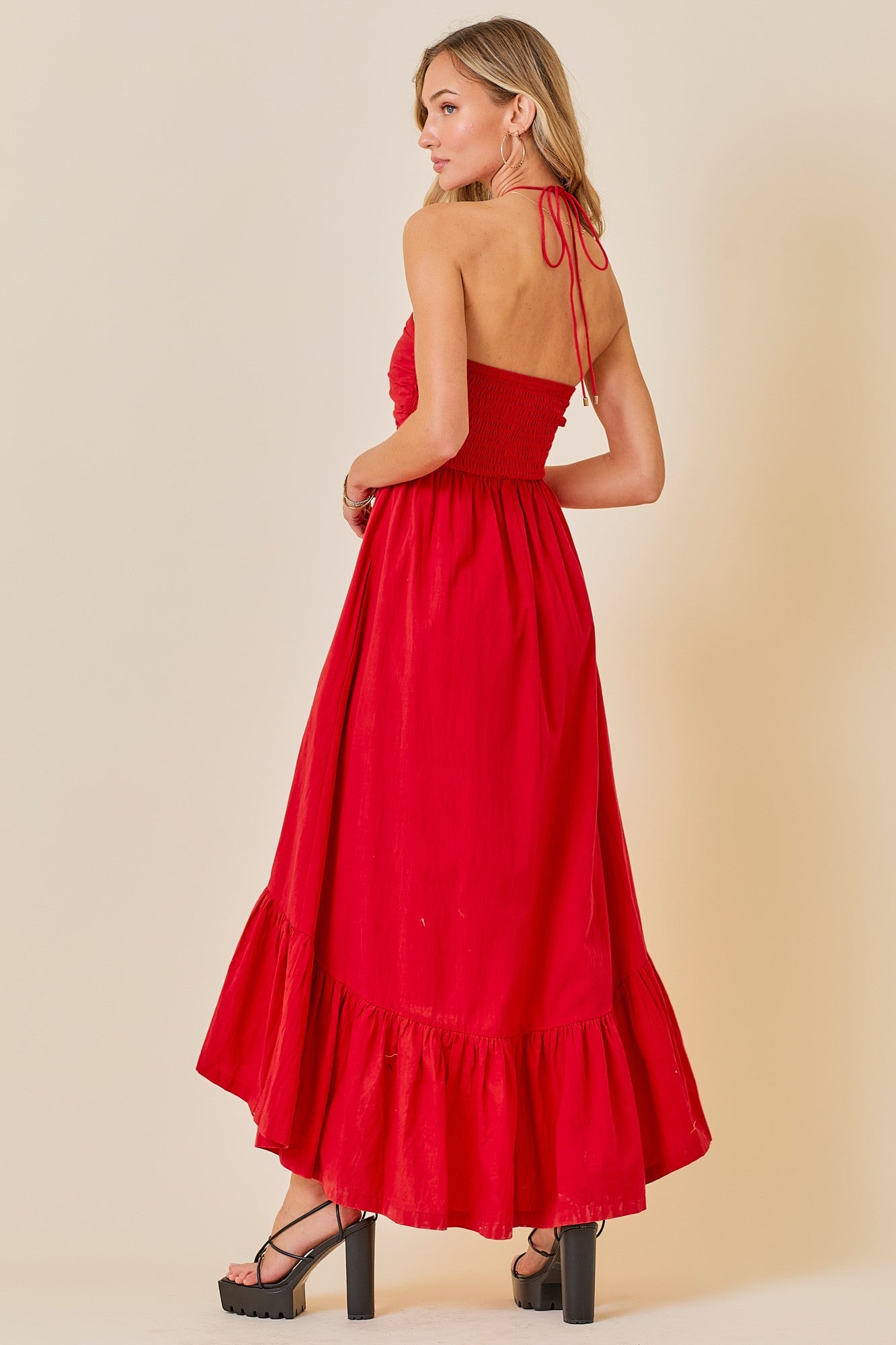 Ruched Halter Midi Dress with ruffle hem - Red.  Back view.