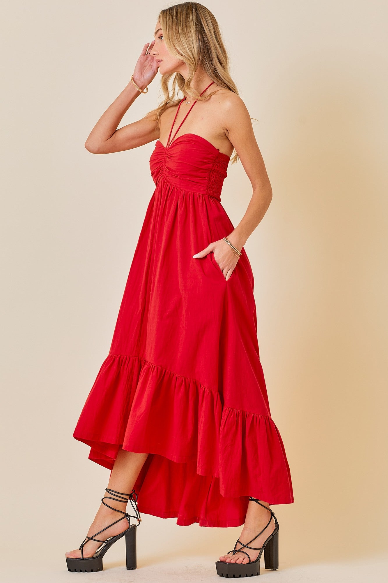 Ruched Halter Midi Dress with ruffle hem - Red.  Side view.