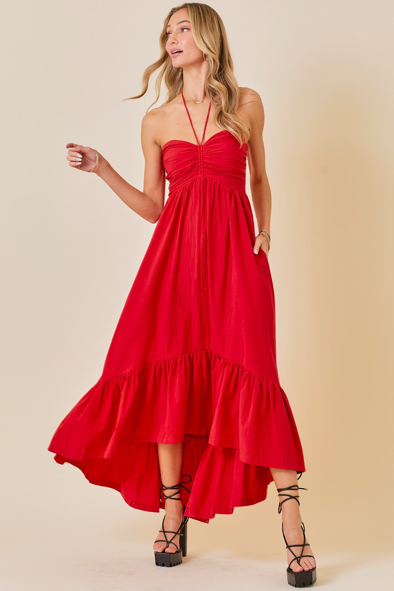 Ruched Halter Midi Dress with ruffle hem - Red.  Front view.